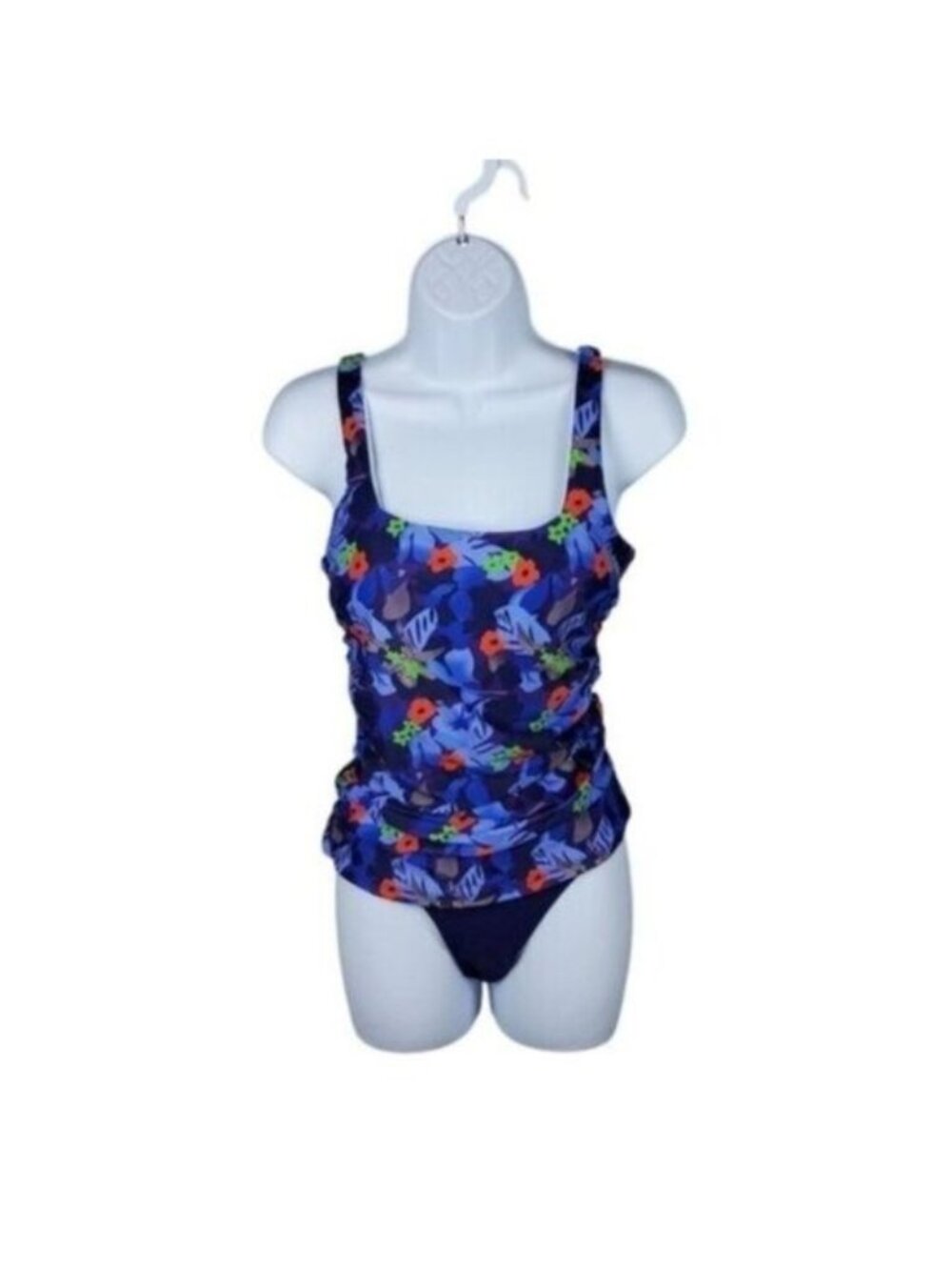 Wenly Zeng Floral Ruched Tankini Two Piece Swimsuit Blue Size Medium